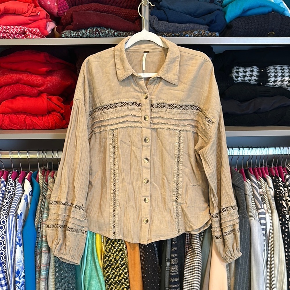 Free People tan long sleeve button down gauzy shirt size M